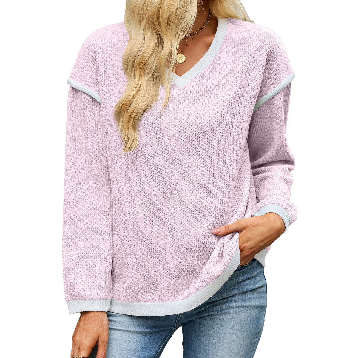 Women's V Neck Contrast Trim Oversized Long Sleeve Sweater
