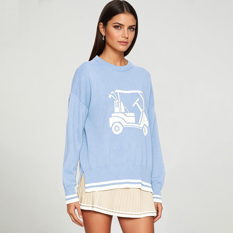Women's Golf Cart Striped Crewneck Knit Sweater