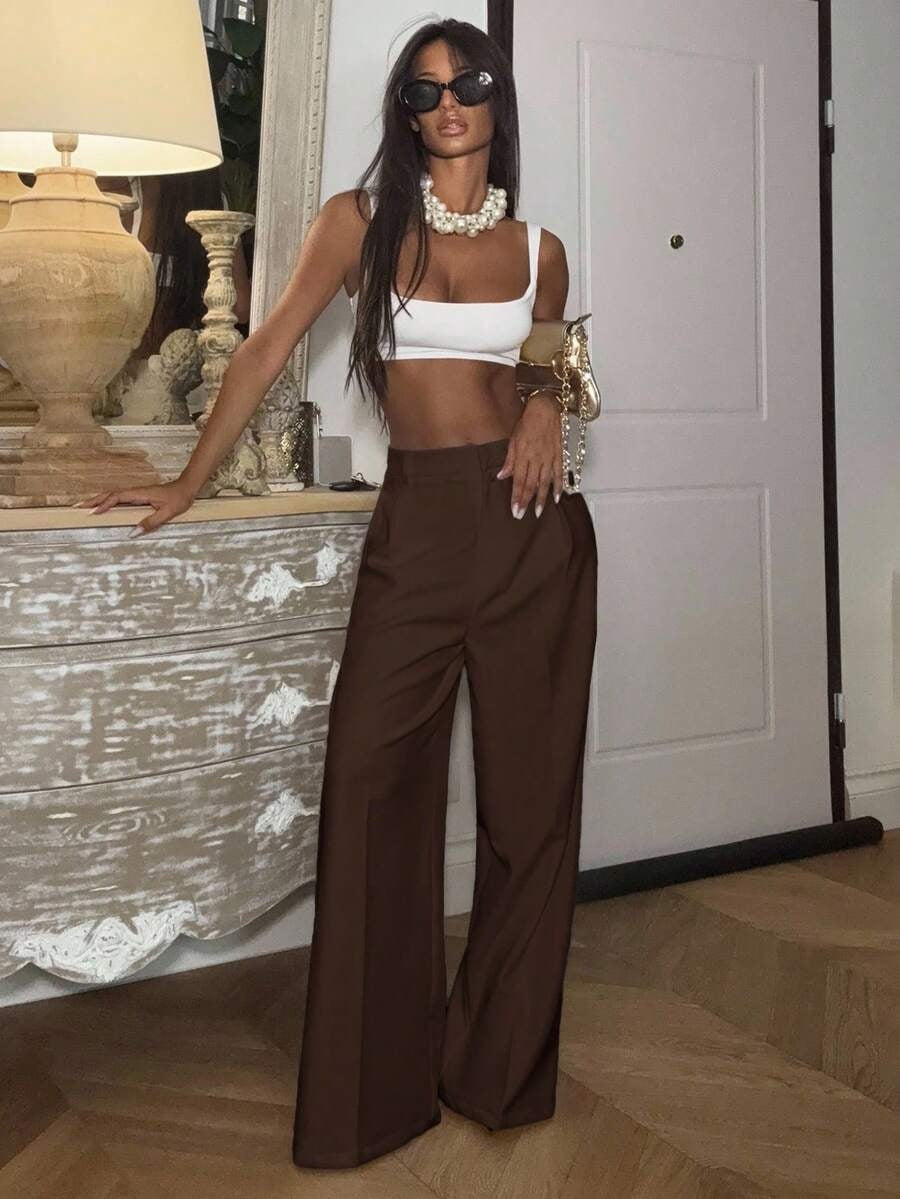 Solid High Waisted Wide Leg Dress Pants Business Work Trousers