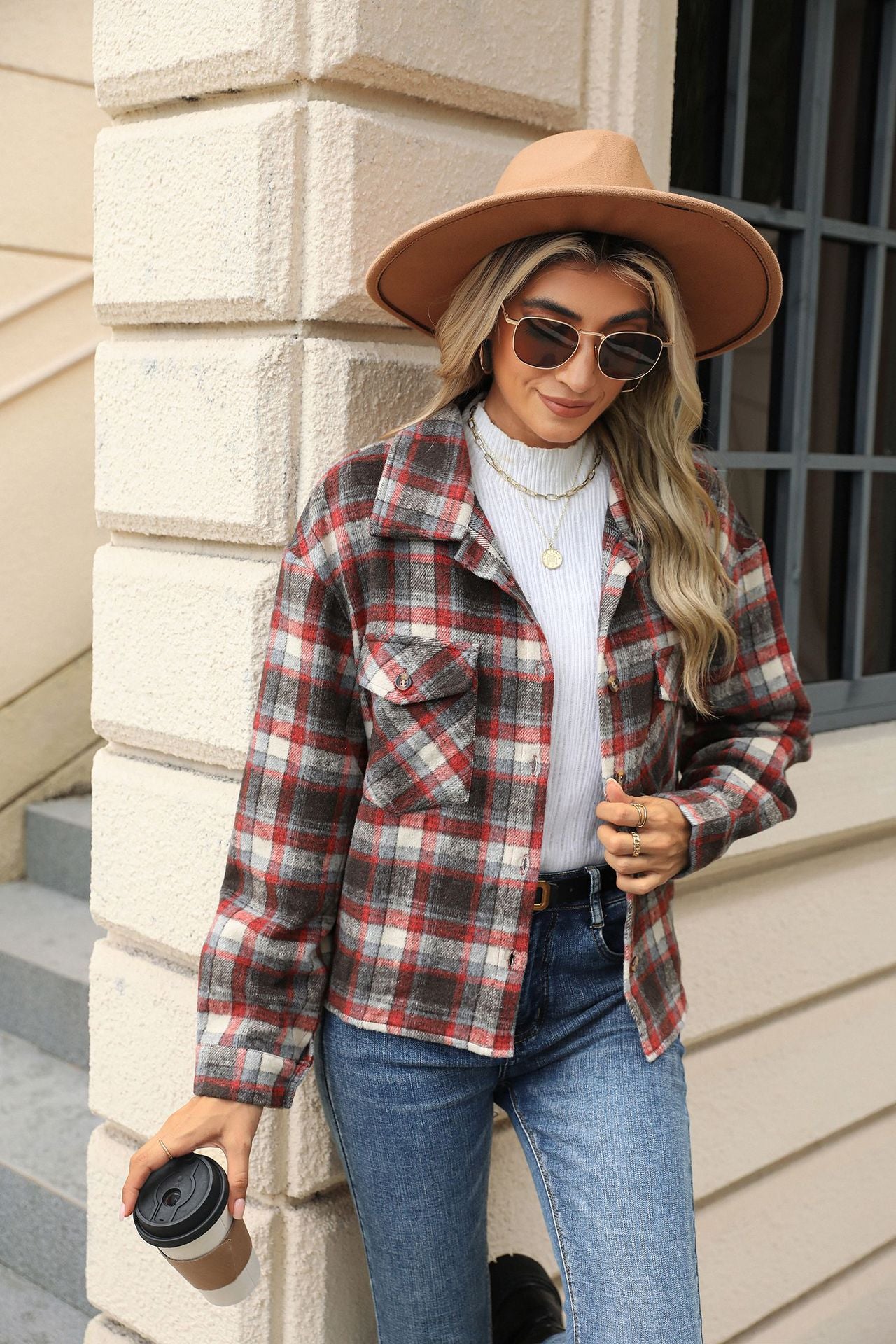 Long Sleeve Loose Pocket Plaid Top Wool Jacket