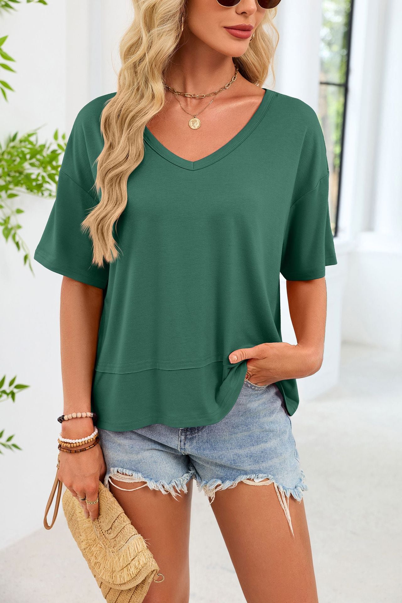 Oversized V Neck Tee Cotton Blend Loose Casual Top