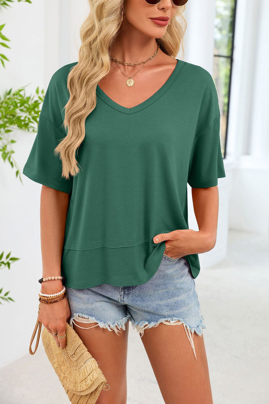 Oversized V Neck Tee Cotton Blend Loose Casual Top