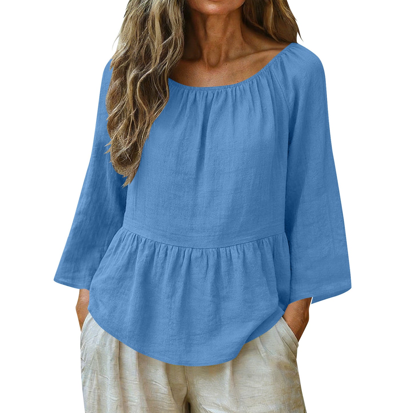 Solid Linen Blend Blouse Boho Peplum Long Sleeve Top