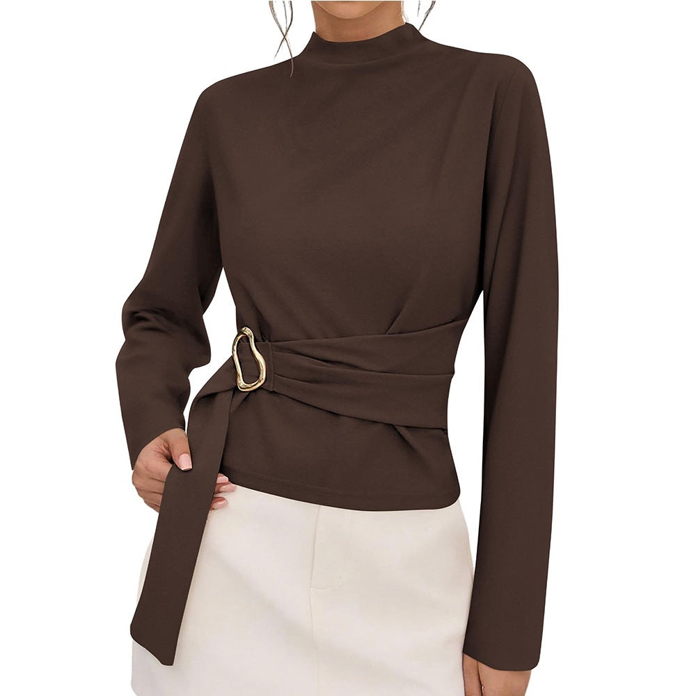 Solid Ponte Top Mock Neck Blouse Belted Slim Fit Elegant