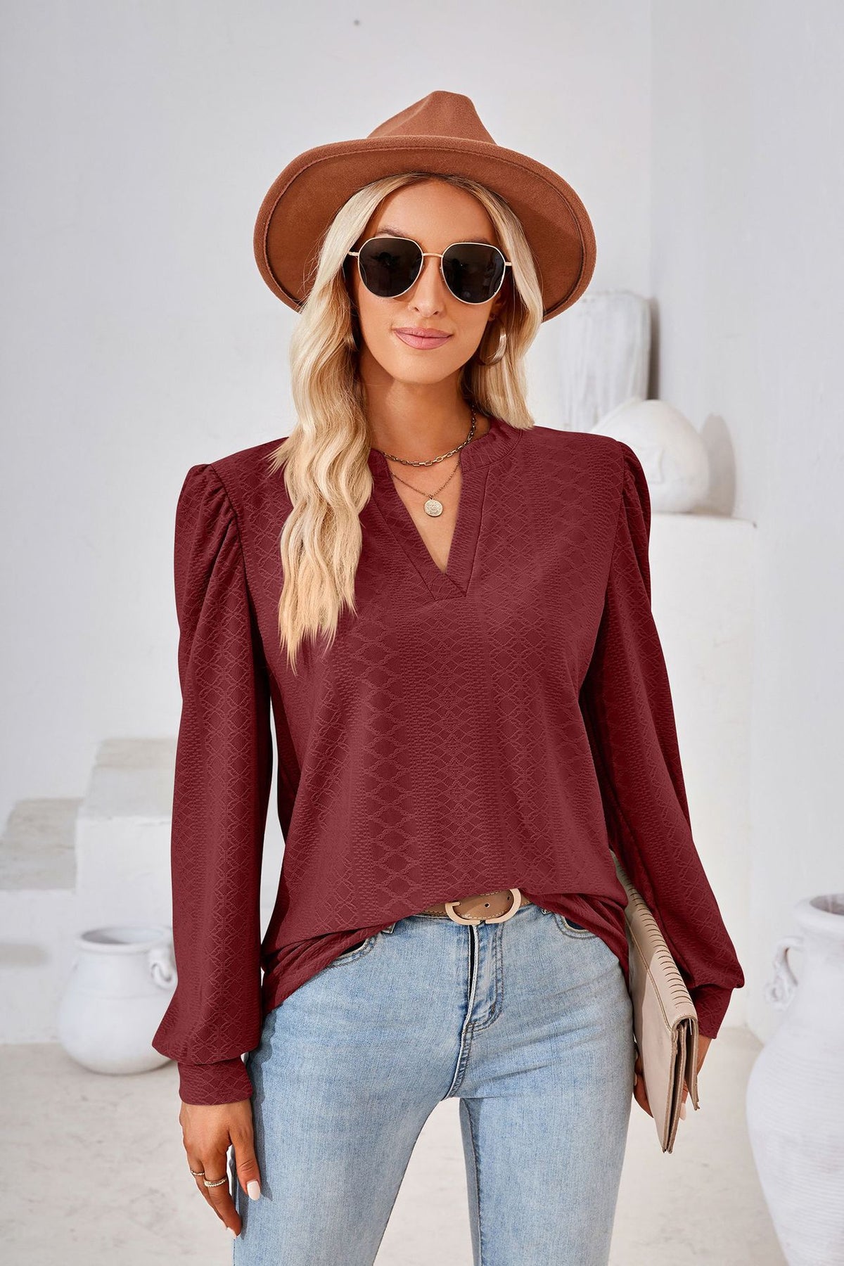 Women's V Neck Puff Sleeve Textured Long Sleeve Tunic Top