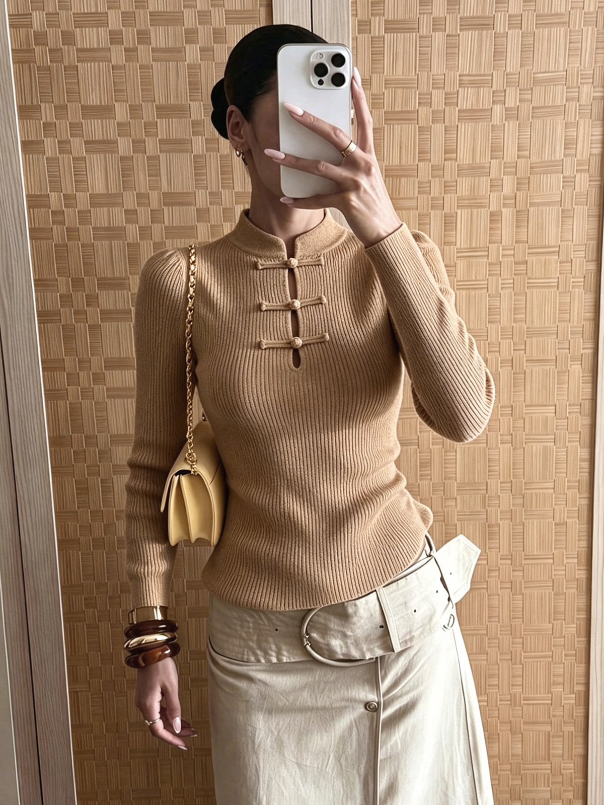 Women's Ribbed Mock Neck Frog Button Fitted Sweater Top