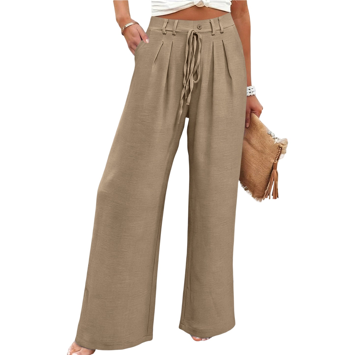 Solid Linen Wide Leg Pants Casual Drawstring Relaxed Fit