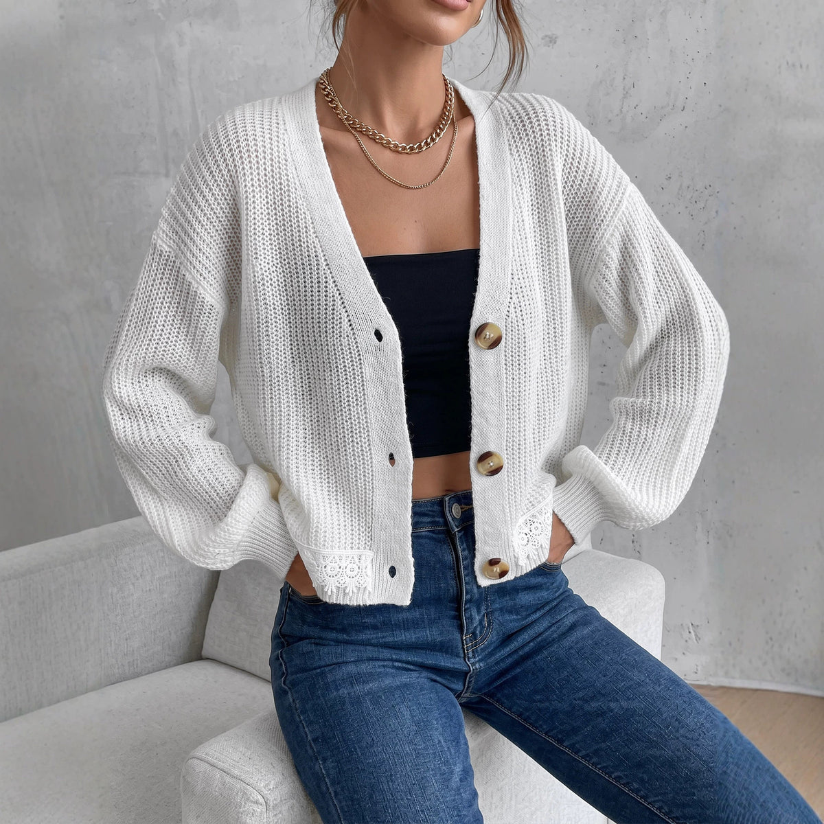Womens Chunky Knit Lace Trim Cropped Cardigan