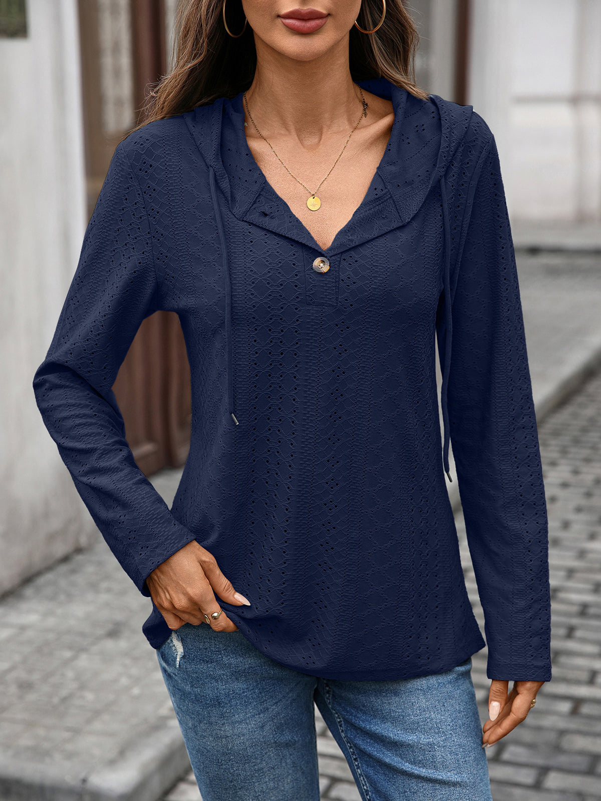 Women's Eyelet Hooded Henley Long Sleeve Loose Tunic Top