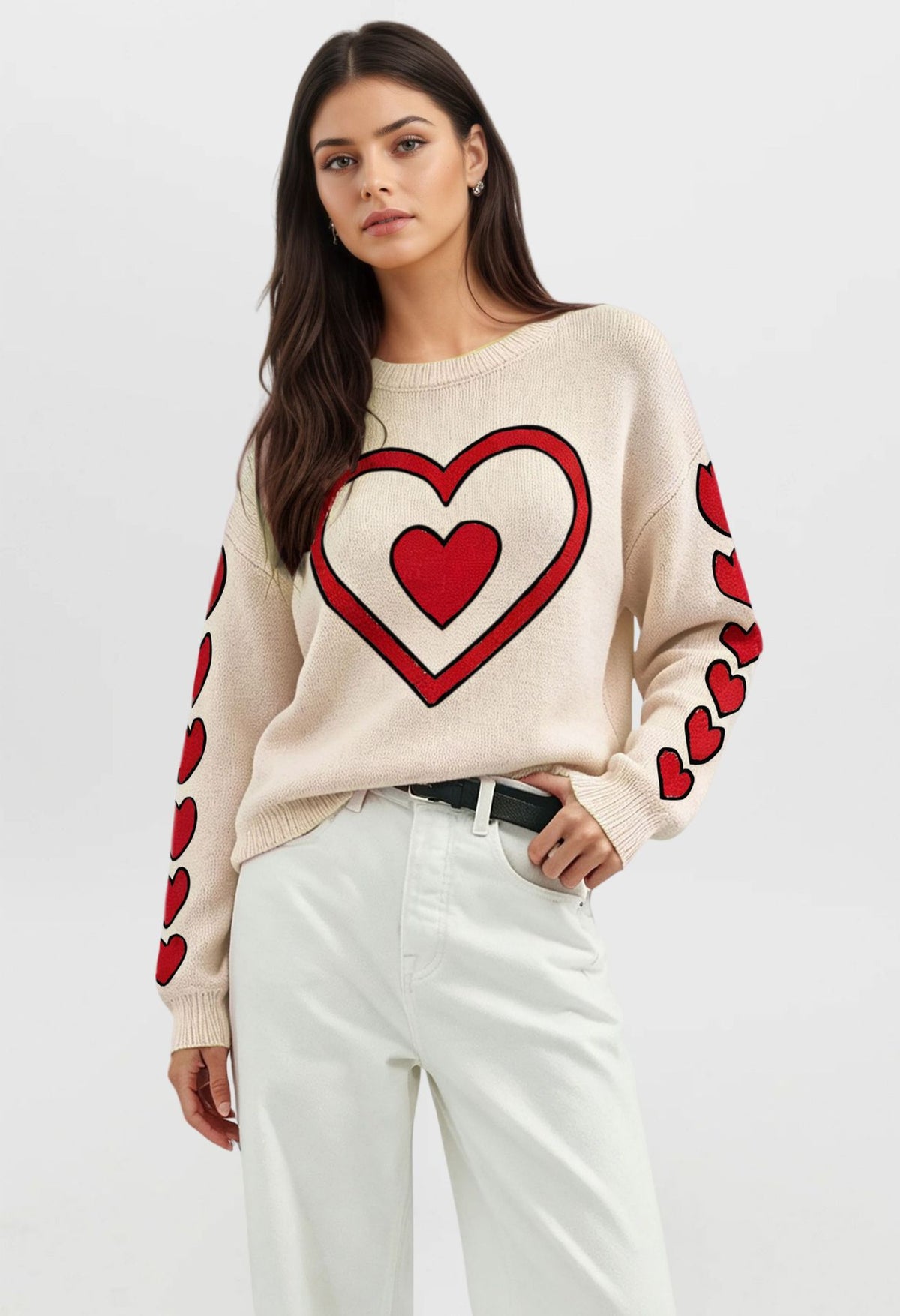 Women's Heart Bow Sweater Valentine Crewneck Knit Pullover