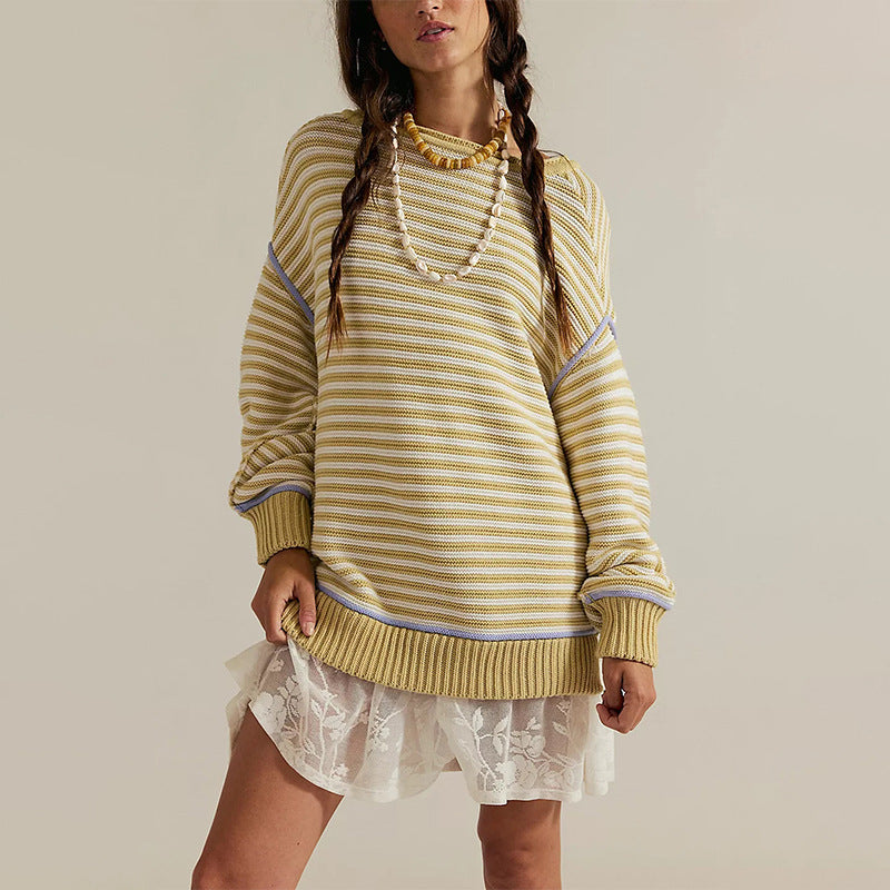 Striped Knit Pullover Sweater | Loose Fit Crewneck Top
