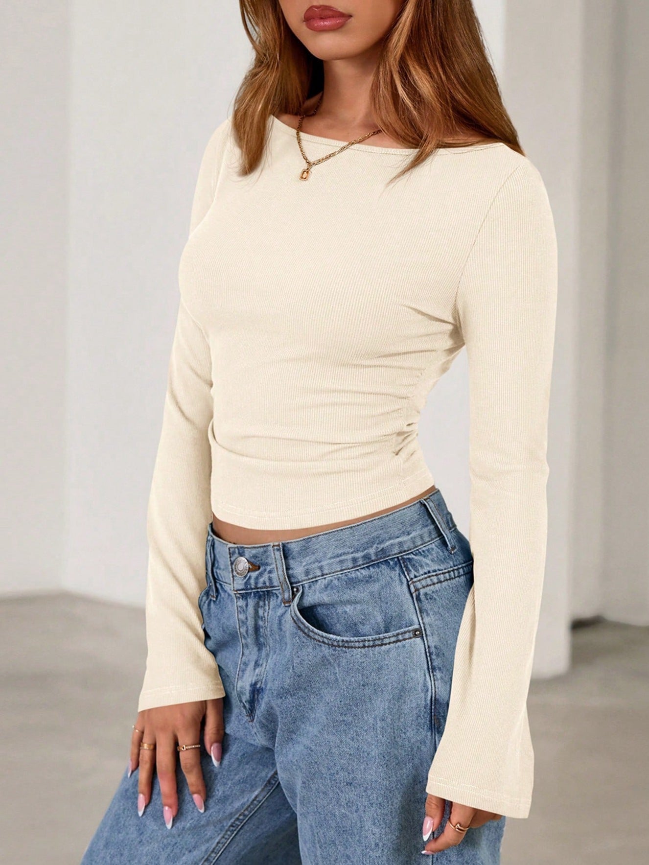 Solid Ribbed Top Trendy Boat Neck Bell Sleeve Slim Fit
