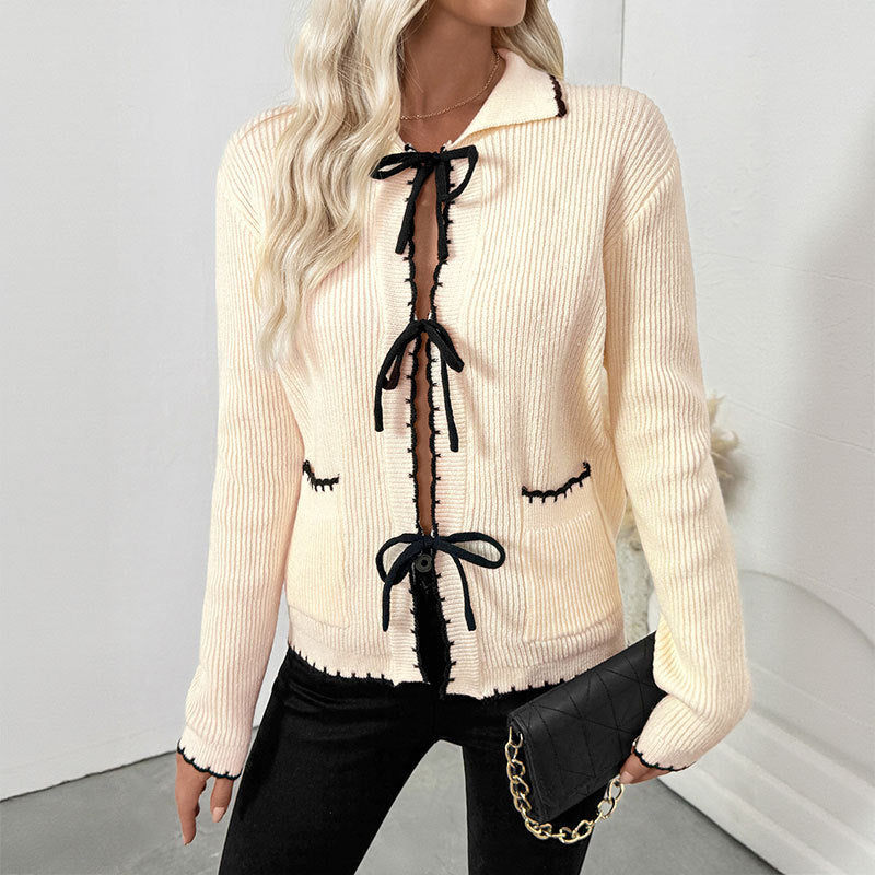 Contrast Trim Bow Tie Knit Cardigan Sweater with Collar