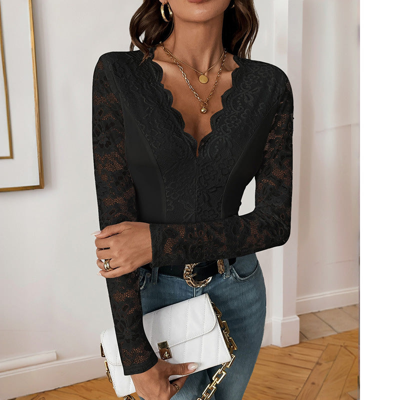 Lace Bodysuit Sexy V Neck Sheer Sleeve