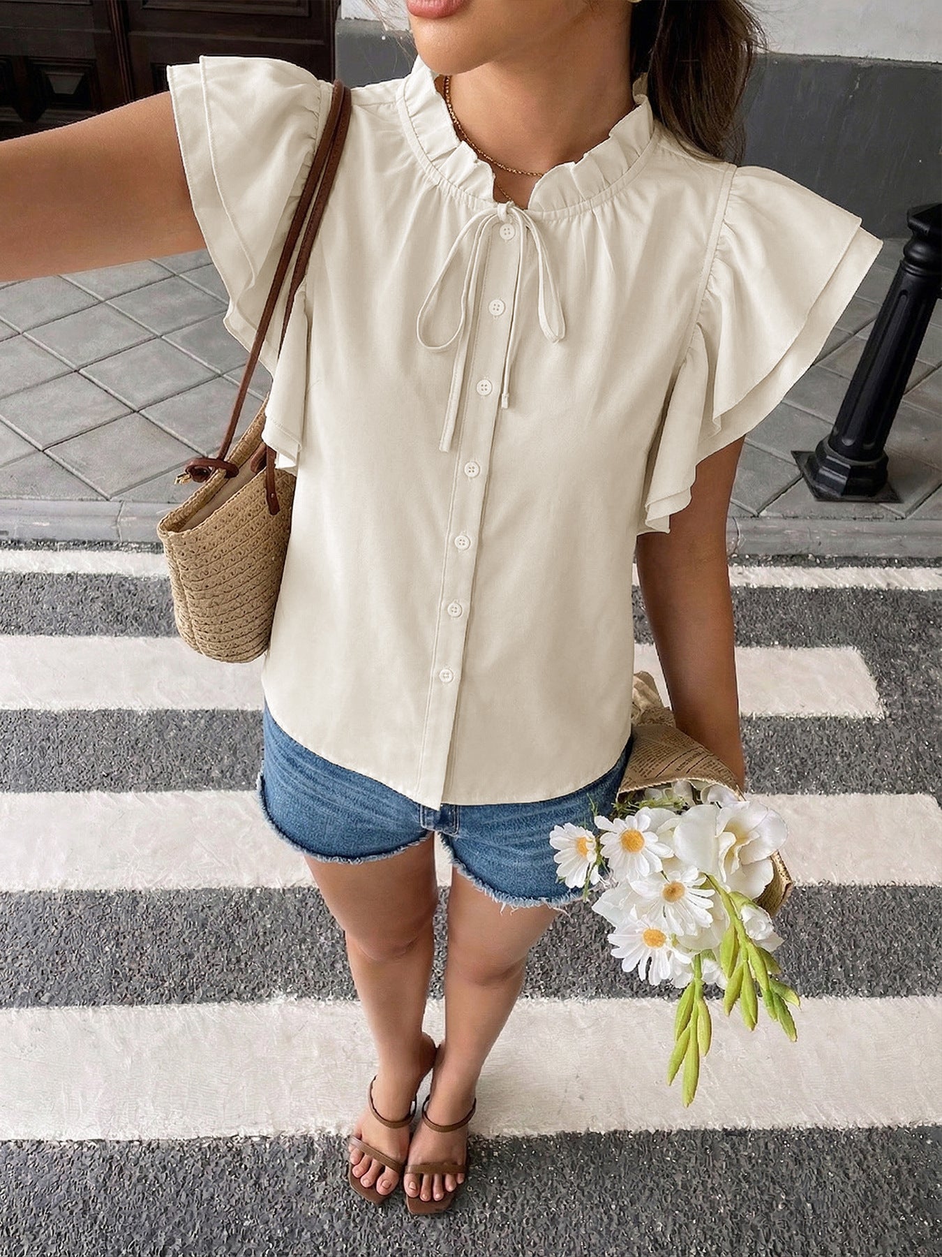 Women Ruffle Sleeve Tie Neck Button Down Blouse