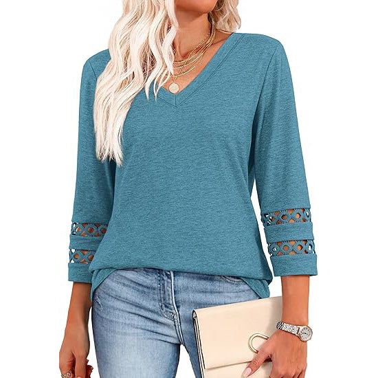 Women’s V Neck 3/4 Sleeve Lace Trim Casual Top
