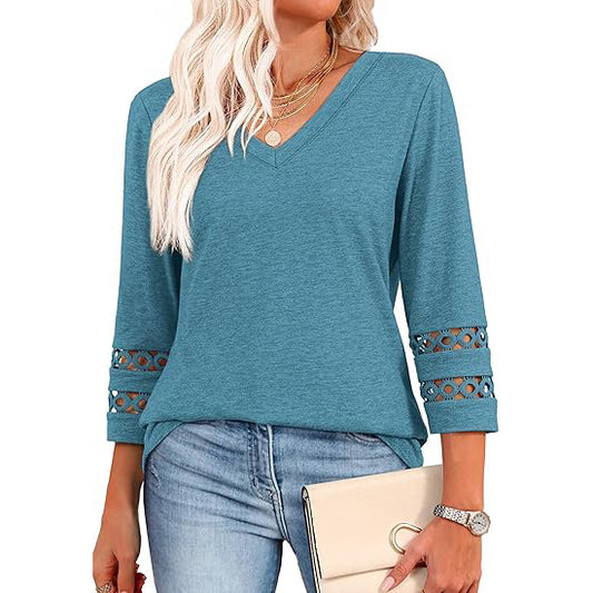 Women’s V Neck 3/4 Sleeve Lace Trim Casual Top