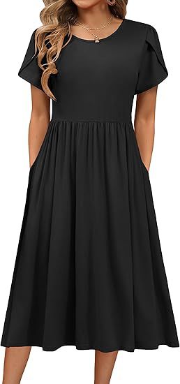 Boho Floral Midi Dress for Women Round Neck Short Sleeve