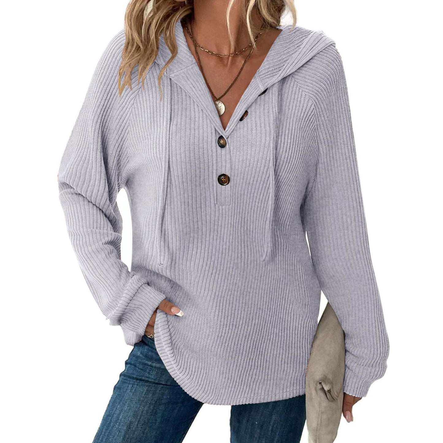 Ribbed Hooded Pullover with Button V-Neck