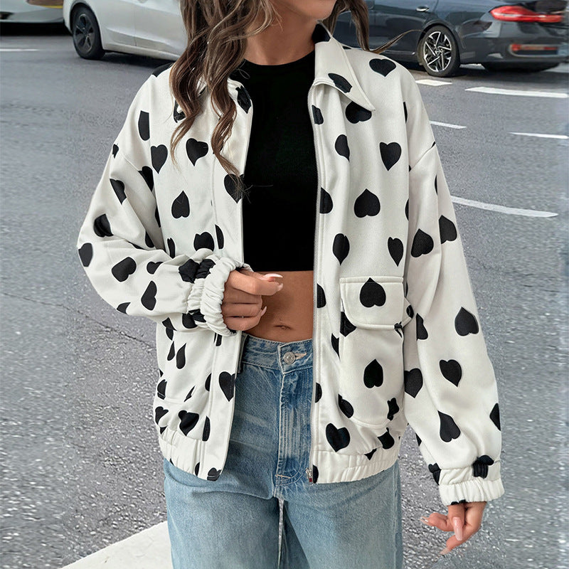 Sweet Heart Print Zip-Up Jacket for Casual Street Style
