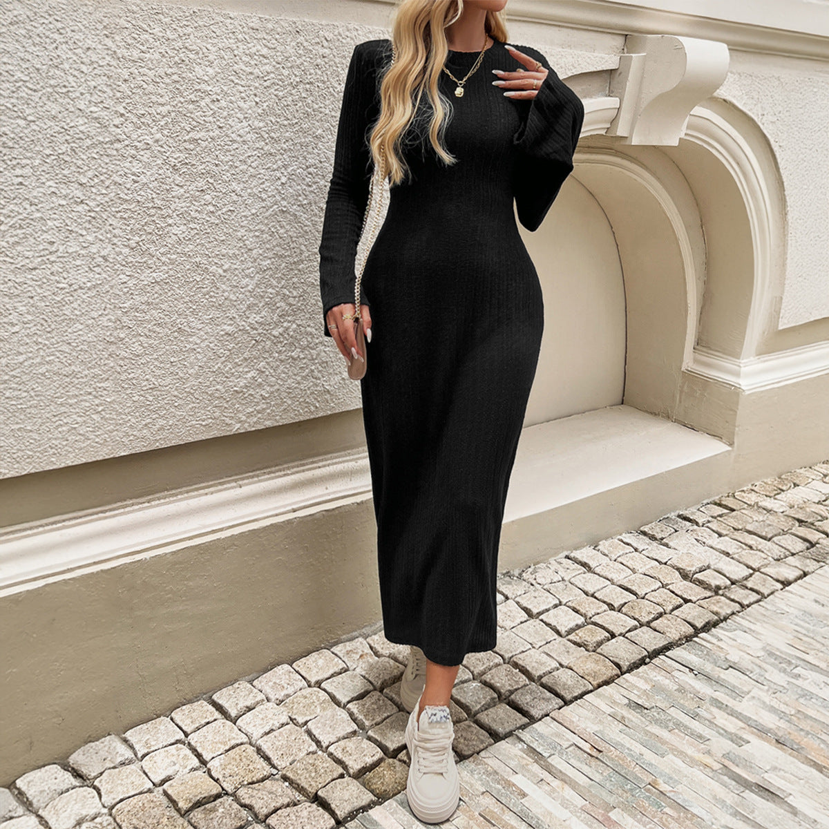 Slim Flared Sleeve Solid Color Knitted Dress Women's Clothing