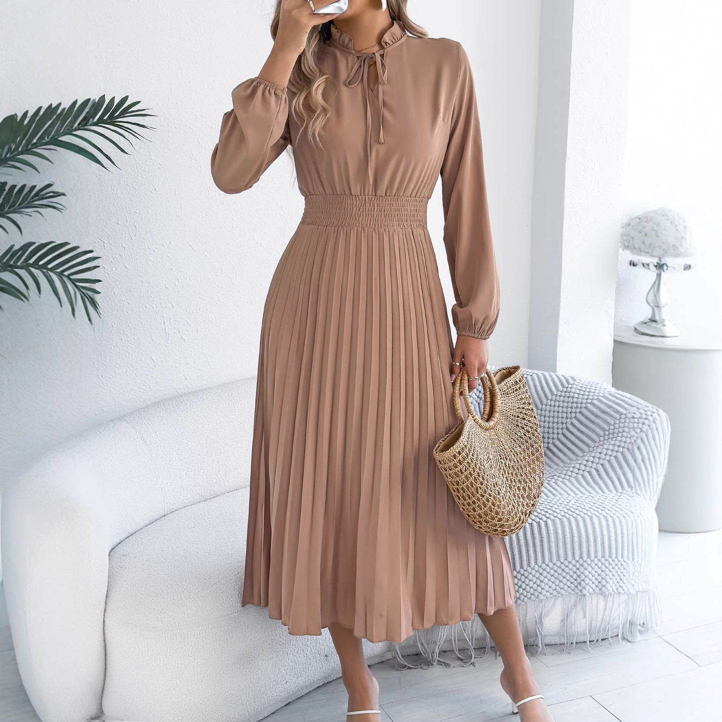 Green Tie Neck Lantern Sleeve Pleated Maxi Dress