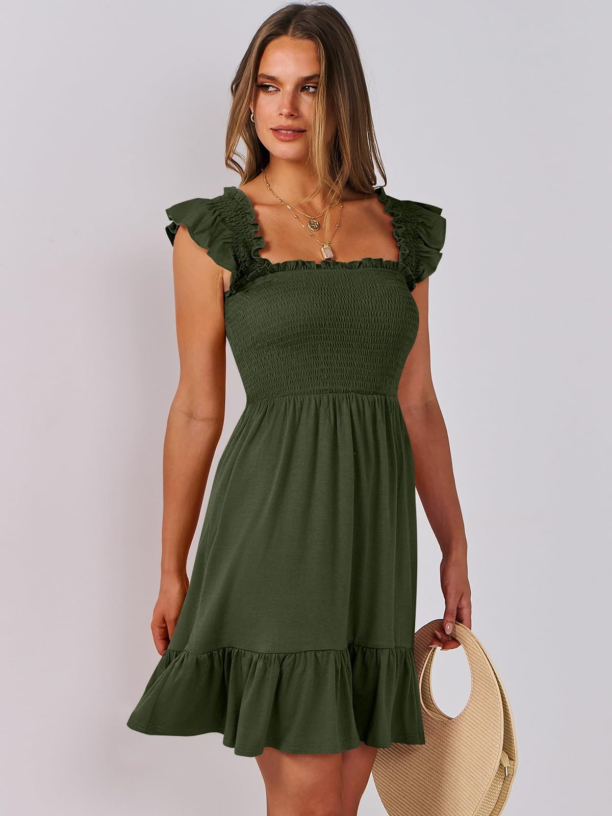 Women’s Smocked Square Neck Ruffle Sleeve Mini Dress Casual Summer Flowy A Line Dress