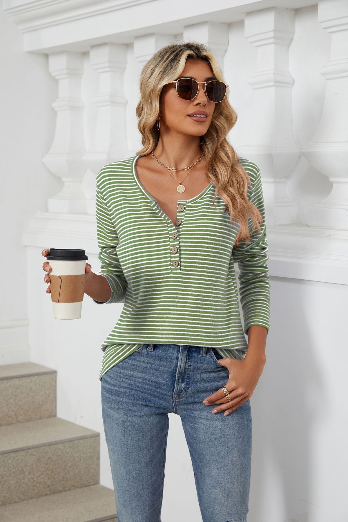 Women's Oversized Striped Henley Long Sleeve Top