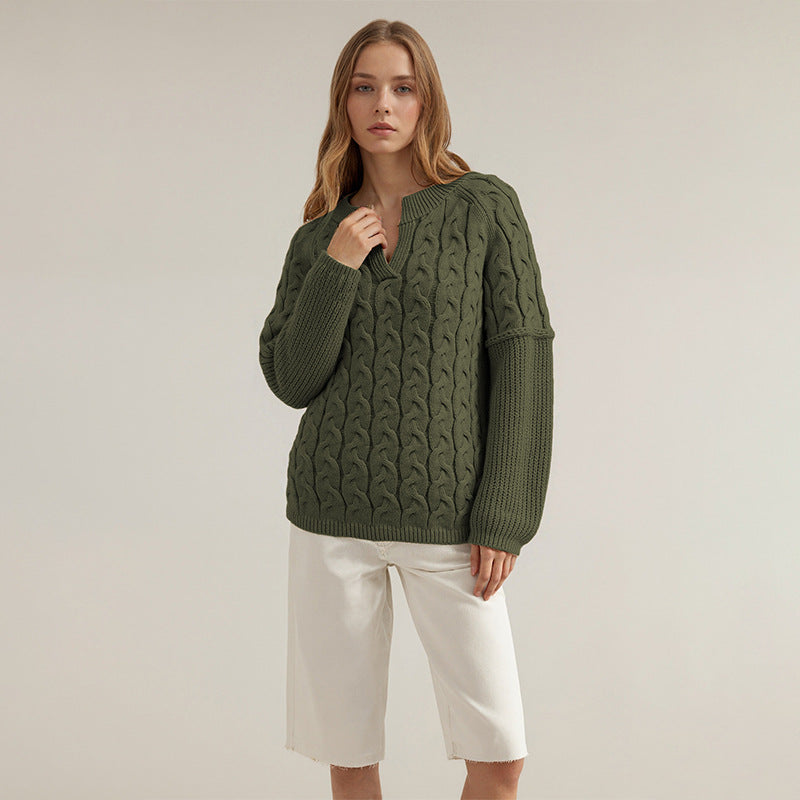 Women's Chunky Cable Knit V Neck Pullover Sweater