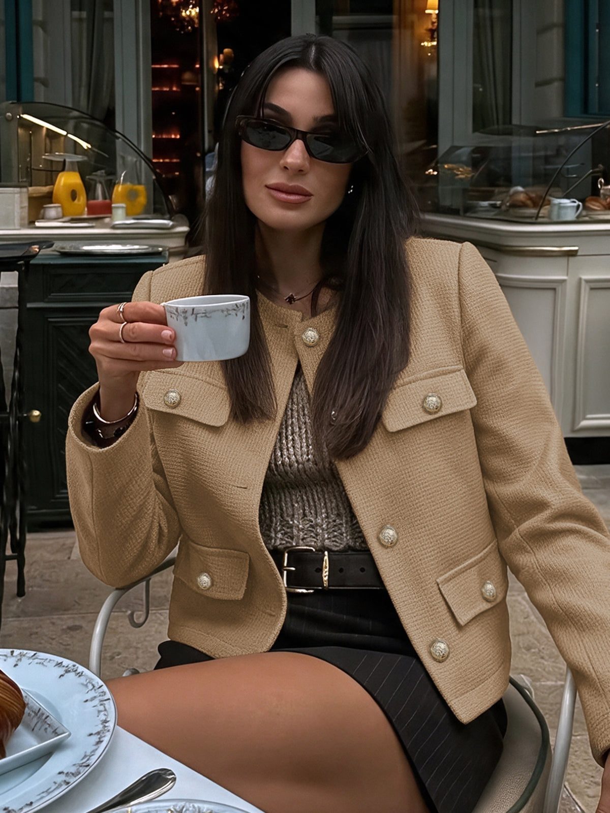 Cropped Tweed Blazer Collarless with Pockets