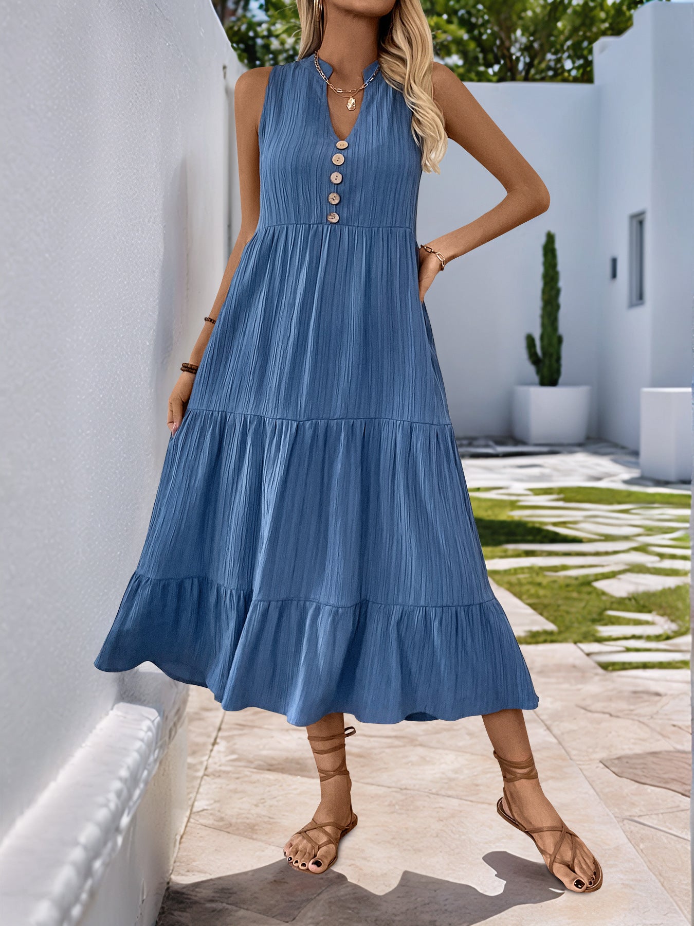 Solid Crinkle Dress Casual V Neck Tiered