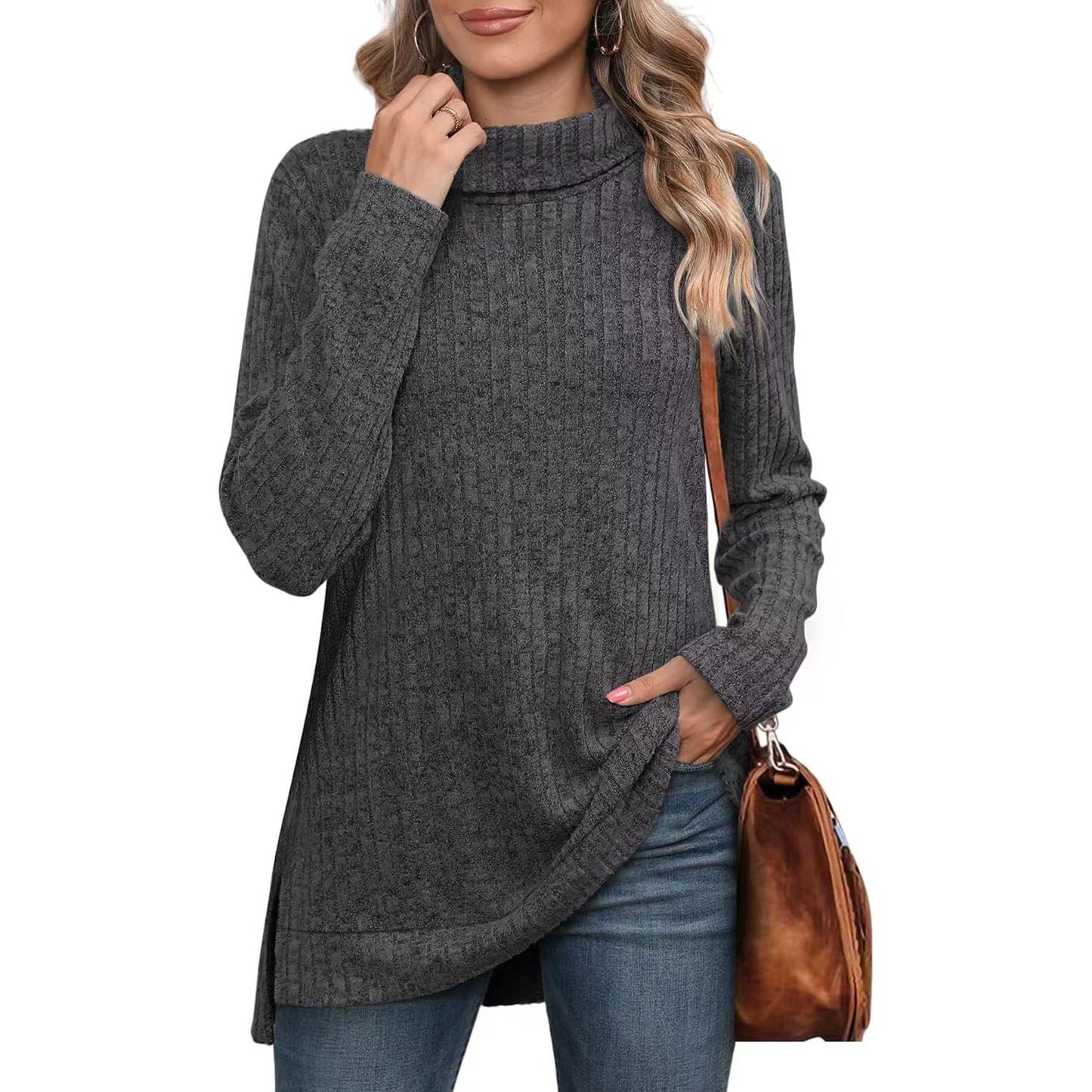 Women's Oversized Ribbed Turtleneck Long Sleeve Slit Tunic