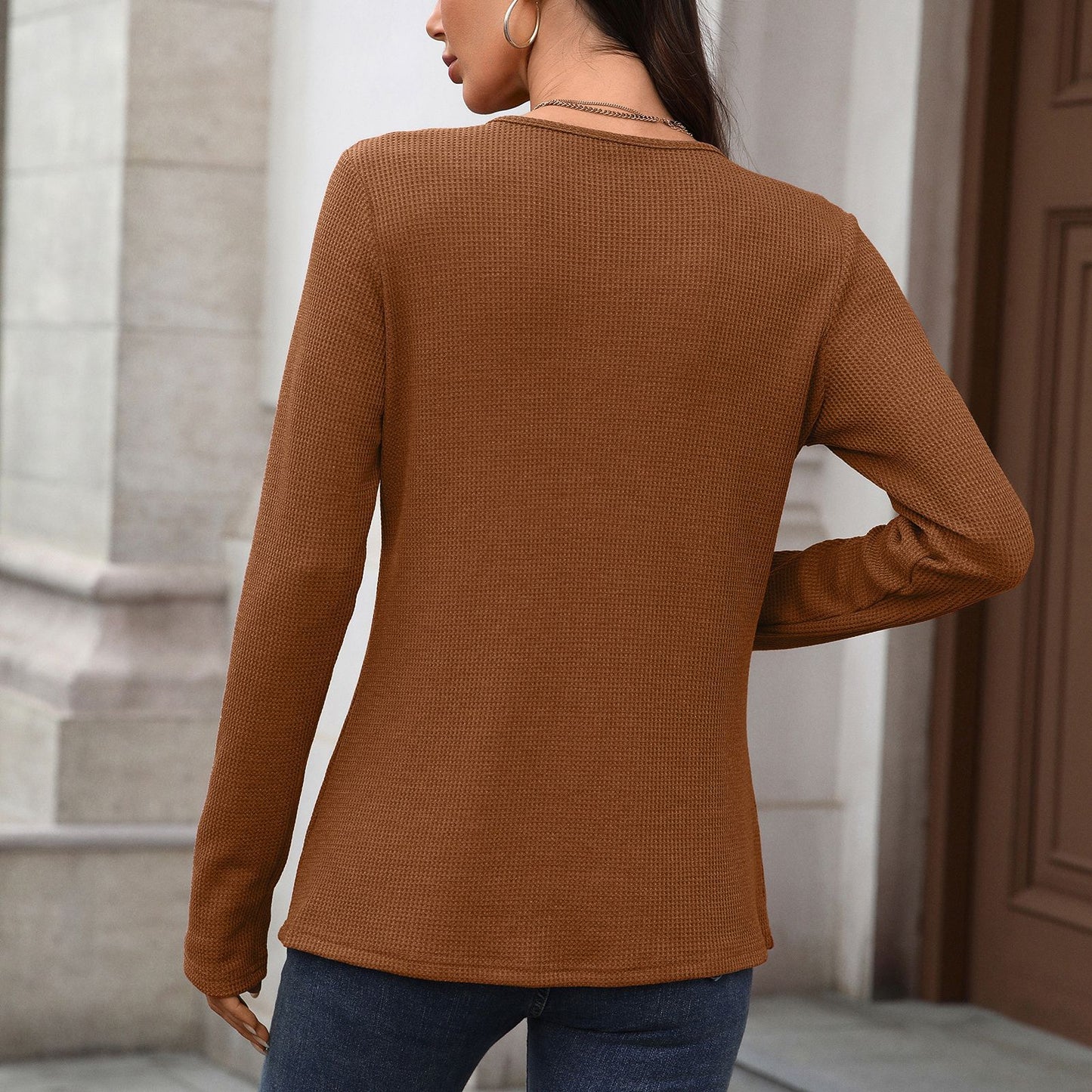 Pure Color Button Neck Hoodie Pullover | Casual Long Sleeve Top