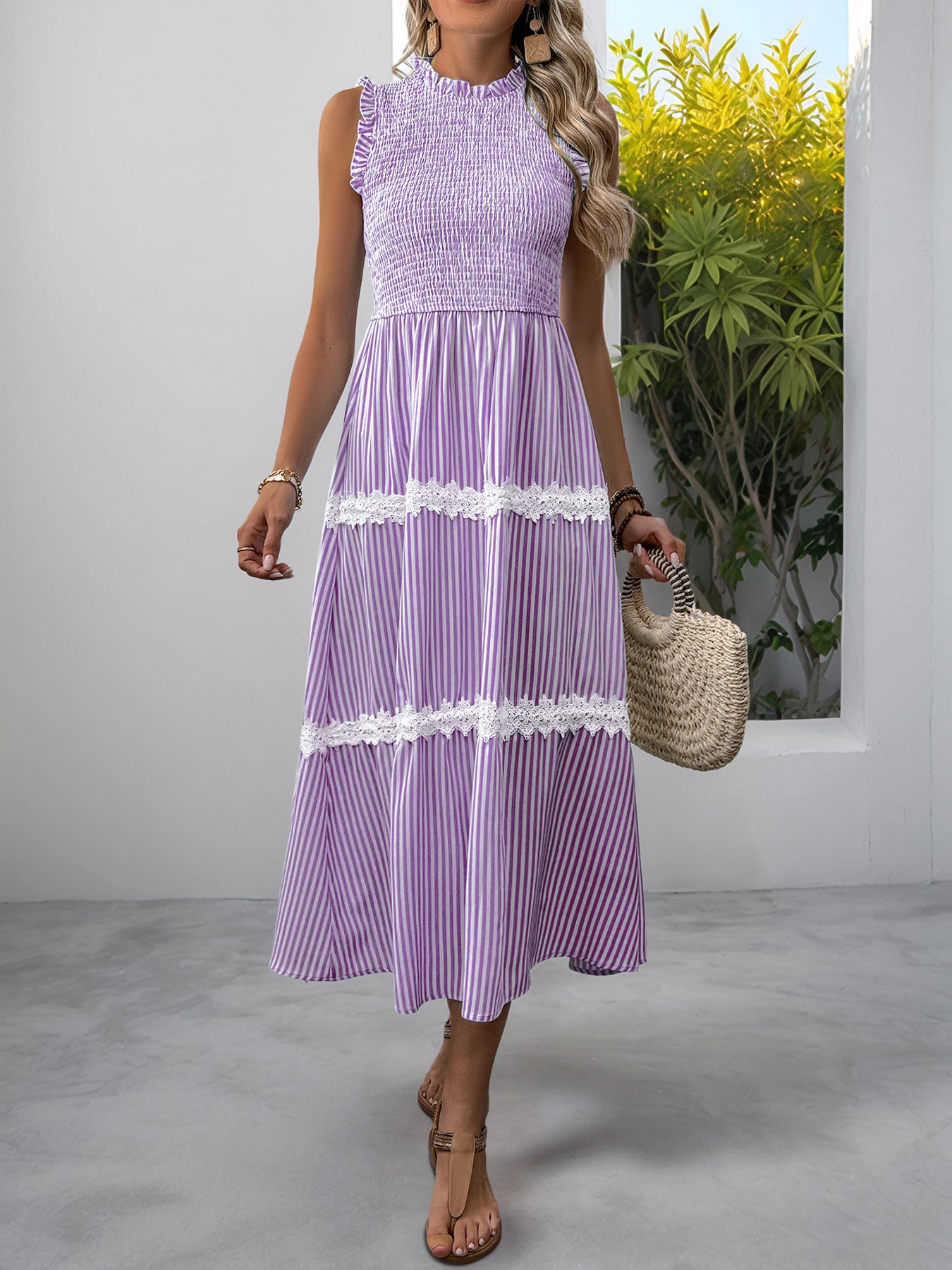 Striped Lace Trim Sleeveless Midi Dress for Summer