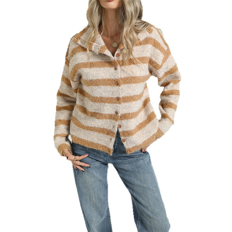 Women's Striped Collared Button Front Fuzzy Cardigan