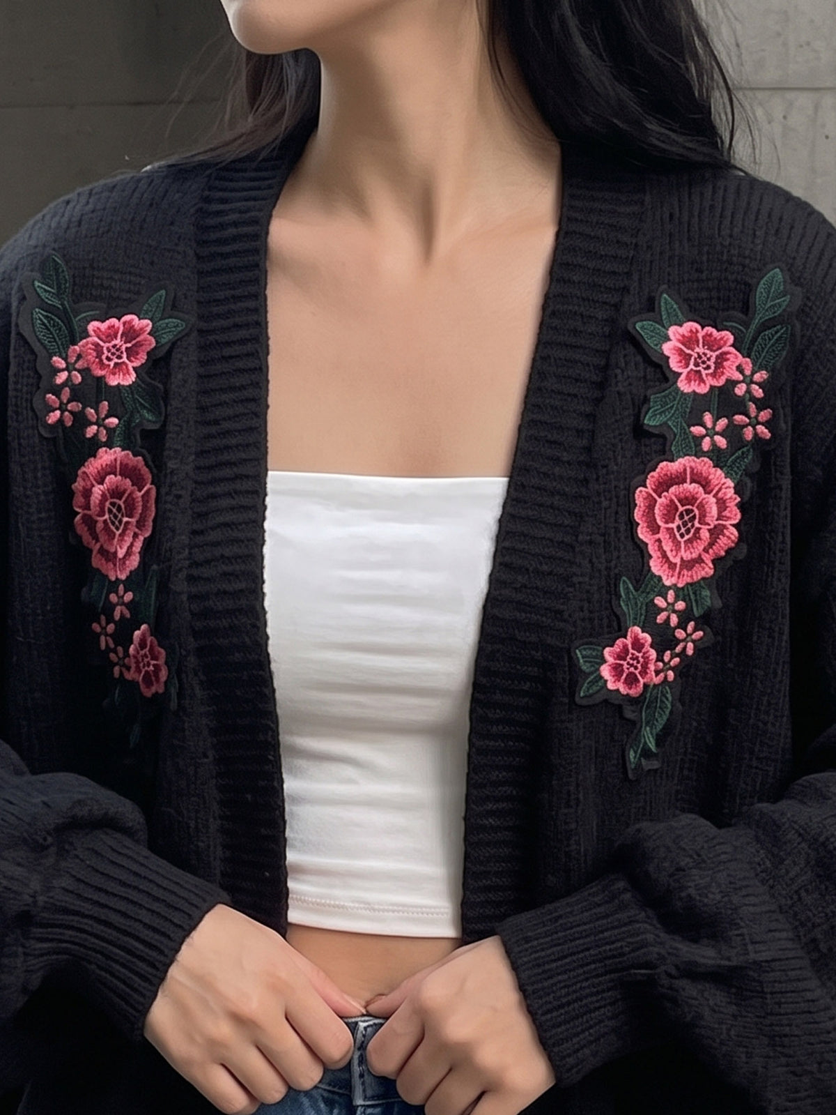 Women's Vintage Rose Embroidered Oversized Cardigan