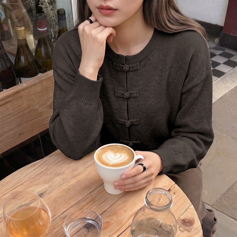 Frog Button Crew Neck Knit Cardigan Sweater