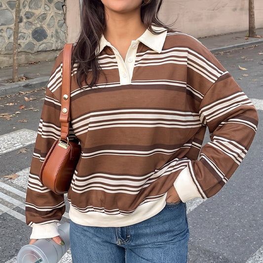 Striped Polo Neck Pullover Top Relaxed Fit Long Sleeve