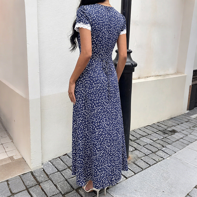 Floral Lace Maxi Dress Short Sleeve Cottagecore Midi