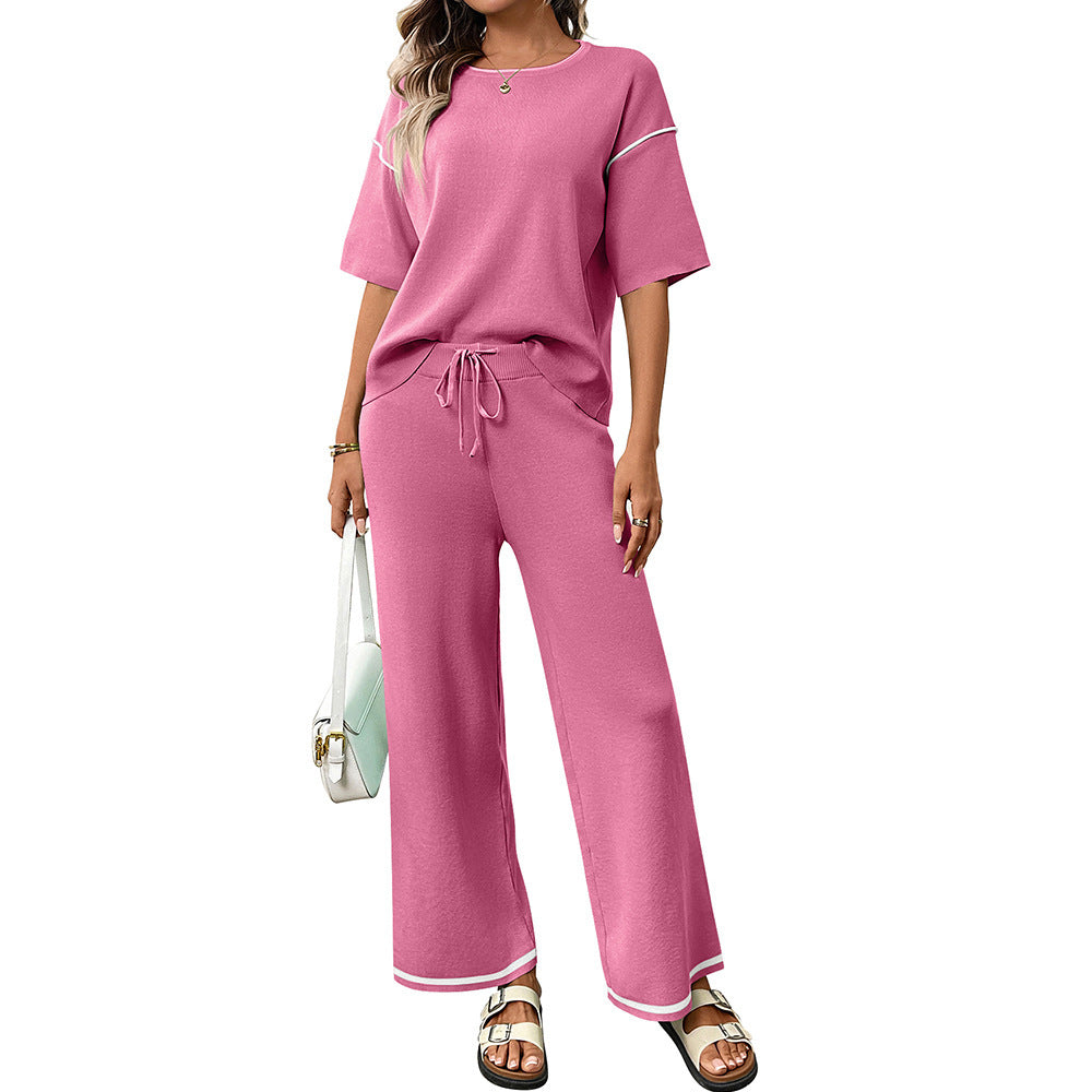 Women Short Sleeve Knit Lounge Set Wide Leg Pants
