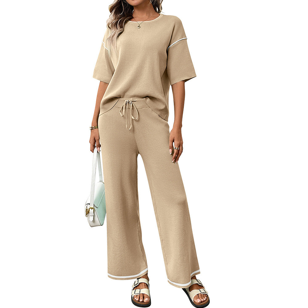 Women Short Sleeve Knit Lounge Set Wide Leg Pants