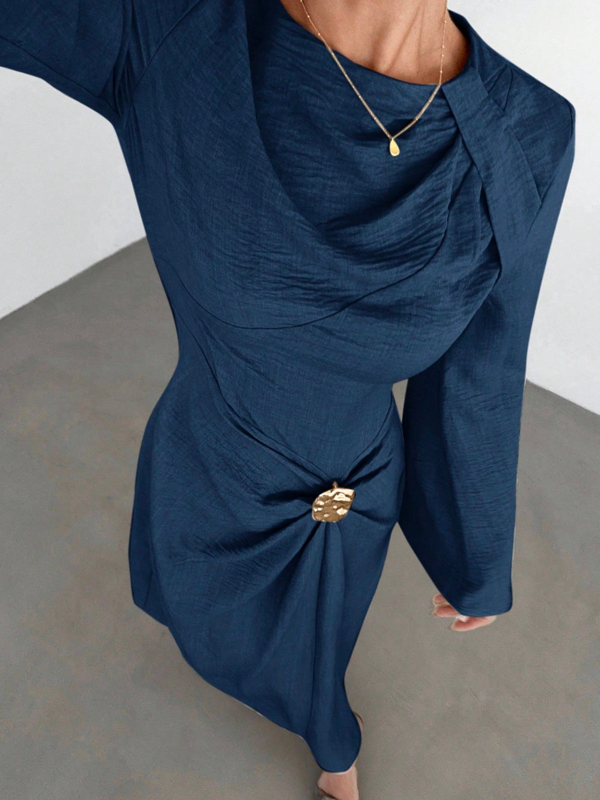 Women's Bell Sleeve Ruched Maxi Dress Gold Button