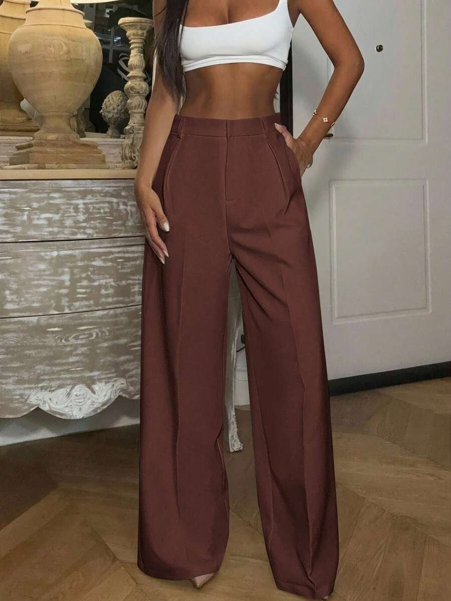 Solid High Waisted Wide Leg Dress Pants Business Work Trousers