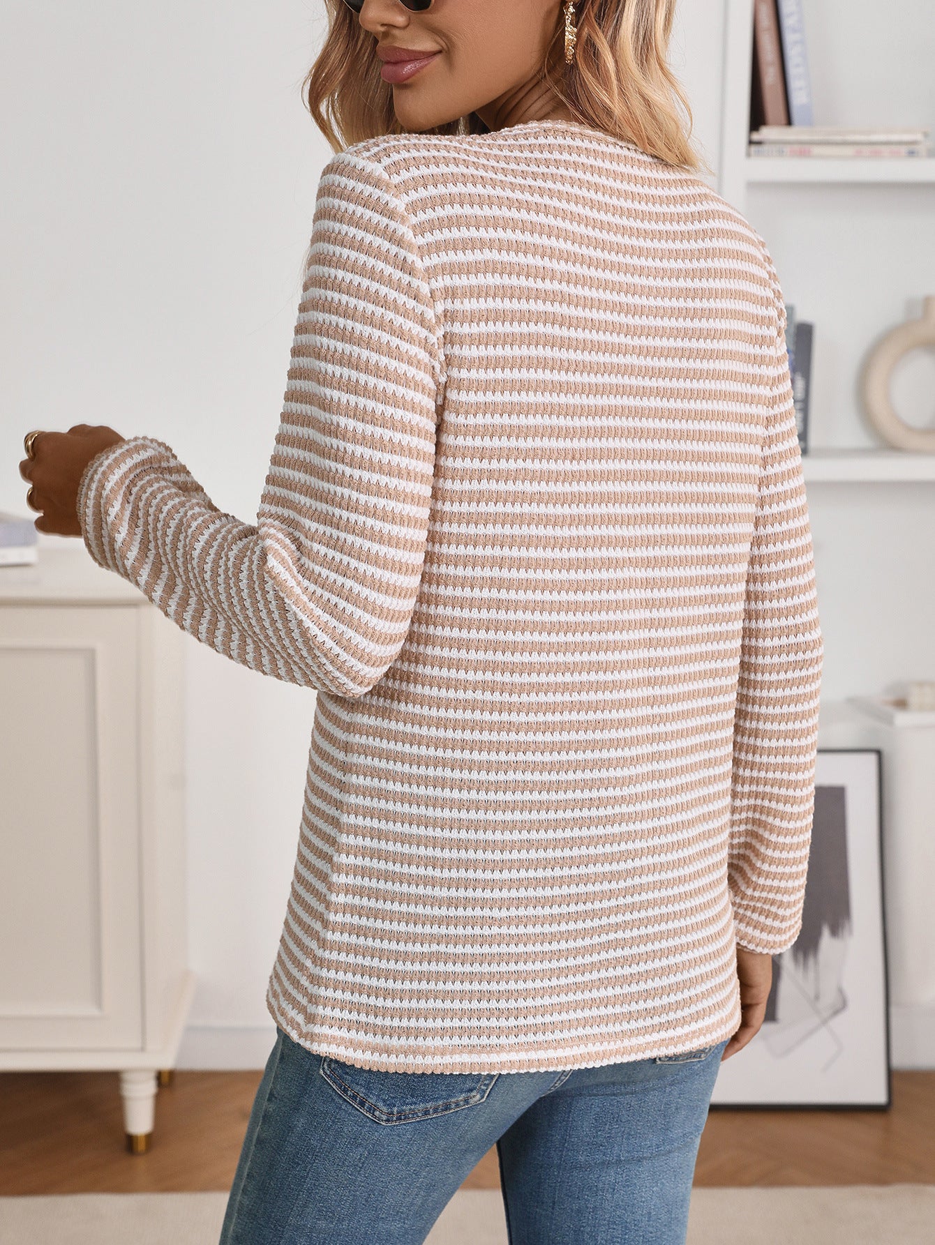 Striped Viscose Henley Top Textured Long Sleeve