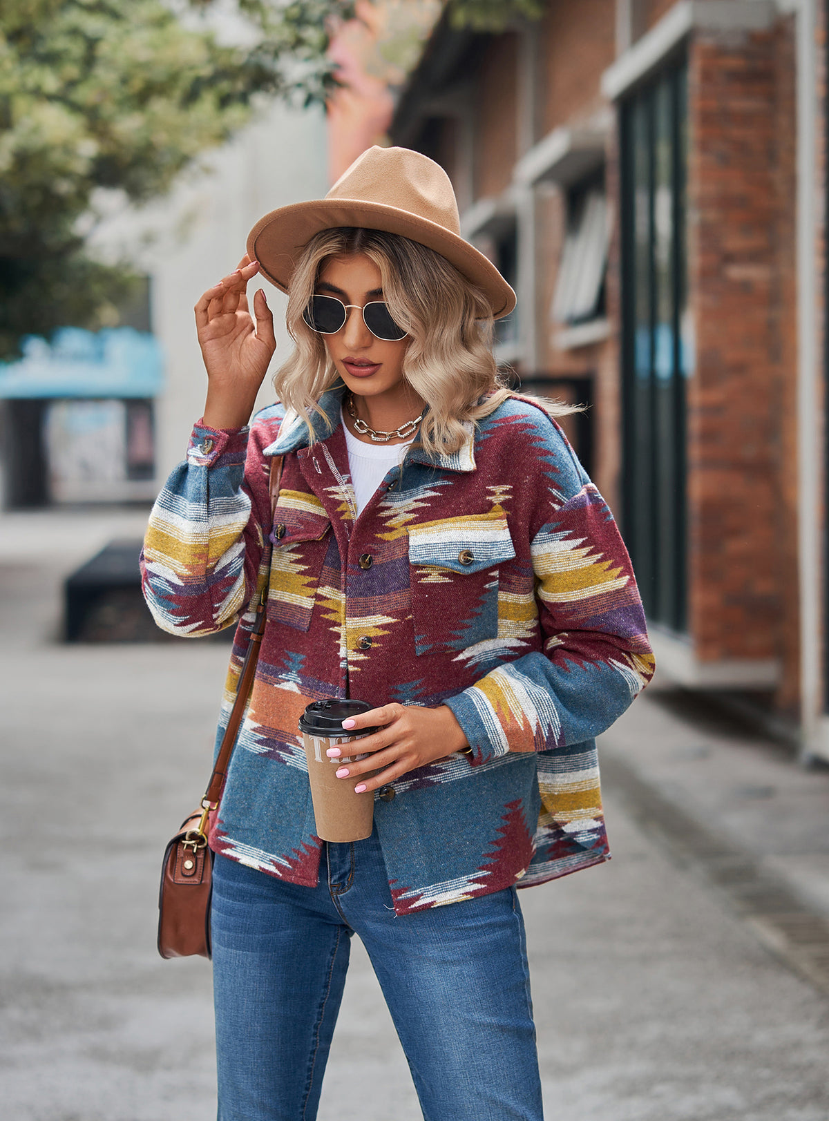 Women's Aztec Cropped Shacket Oversized