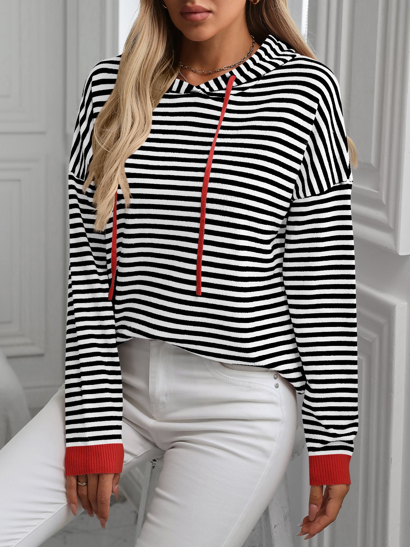 Women's Striped Contrast Long Sleeve Casual Sweater Hoodie