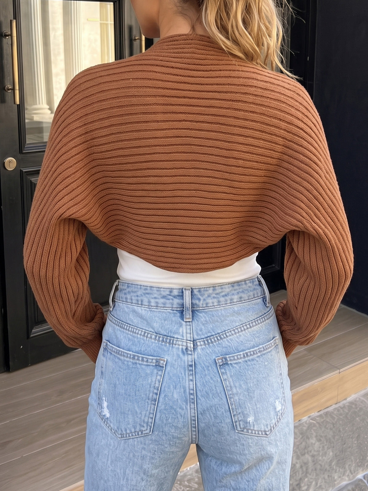 Women's Cropped Knit Shrug Open Front Long Sleeve Sweater