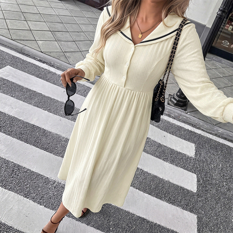 V Neck Midi Dress Button Front High Waist A Line Dress