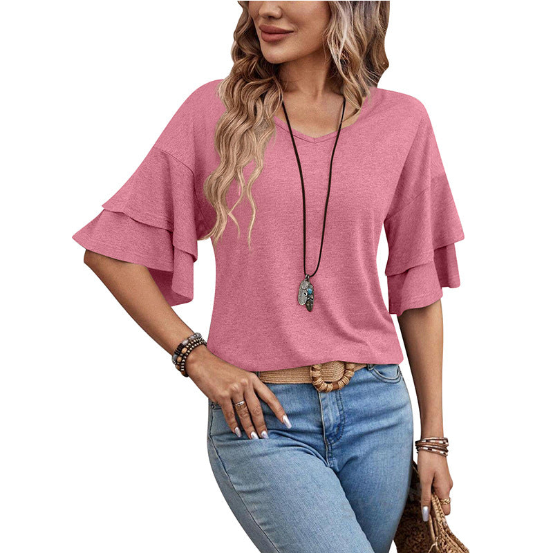 Summer V Neck Ruffle Sleeve Loose Fit Women’s Top