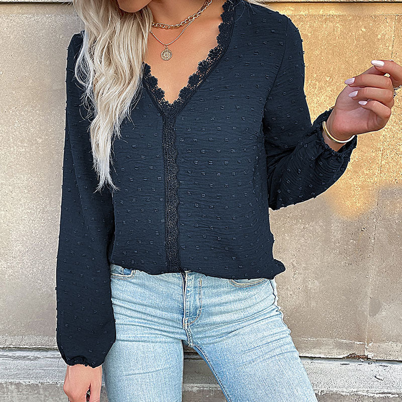 Fall V Neck Long Sleeve Solid Blouse with Lace Trim